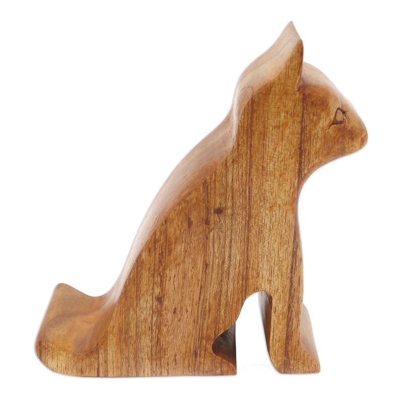 Novica Handmade Dialing Cat Wood Phone Stand
