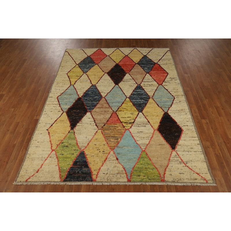 Trellis Moroccan Oriental Area Rug Hand-Knotted Modern Wool Carpet - 6'7" x 9'0"
