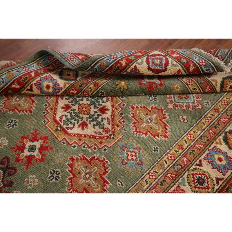 Hand Knotted Oriental 100% Wool Carpet Traditional Geometric Green Kazak Area Rug - 5' 11'' X 4' 0''