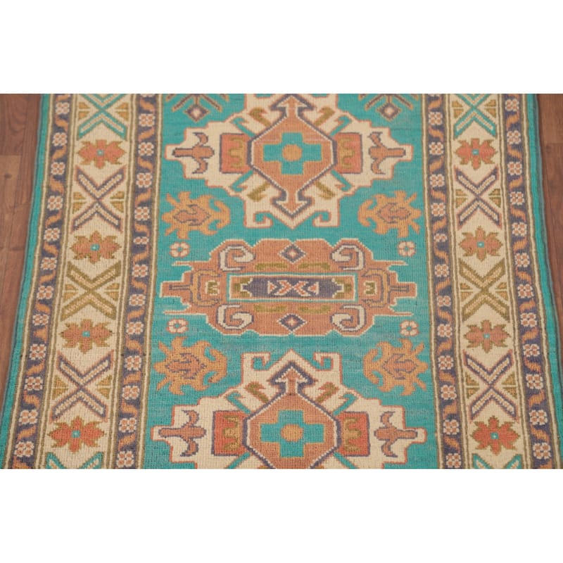 Turquoise Green Kazak Oriental Foyer Rug Handmade Wool Carpet - 2'7" x 4'3"