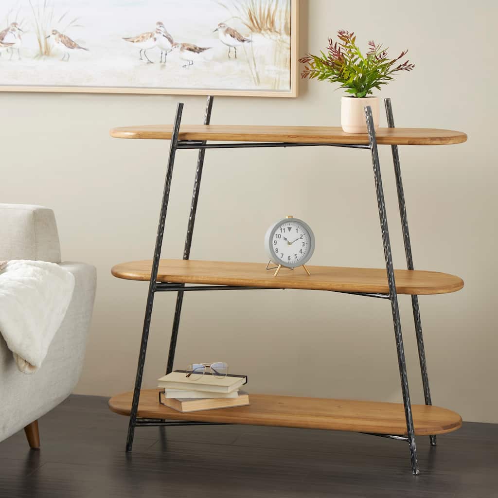 Brown Wood Oval Shaped Shelving Unit with Black Metal Frame