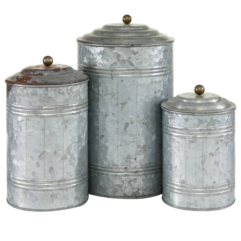 Gray Metal Galvanized Ribbed Living Room Decorative Jars with Gold Ball Knobs (Set of 3)