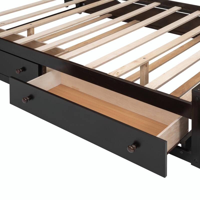 Wooden Bed with Built-in Cabinet, Shelf, and Sockets