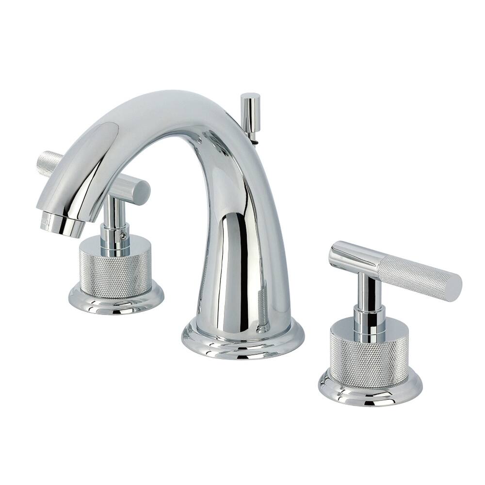 Kingston Brass Convergent Two-Handle 3-Hole Deck Mount Widespread Bathroom Faucet with Knurled Handle and Brass Pop-Up Drain