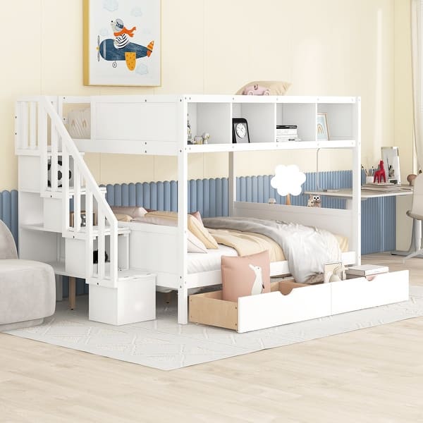 slide 2 of 42, Twin over Full Bunk Bed with Shelfs, Storage Staircase and 2 Drawers White