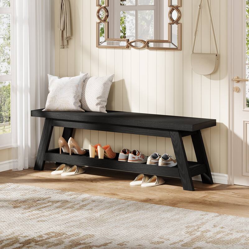 2-Tier Entryway Shoe Bench with Storage, 55-Inch Wood Storage Bench for Living Room, Bedrooms - 55.12" W x 13.78" D x 17.72" H