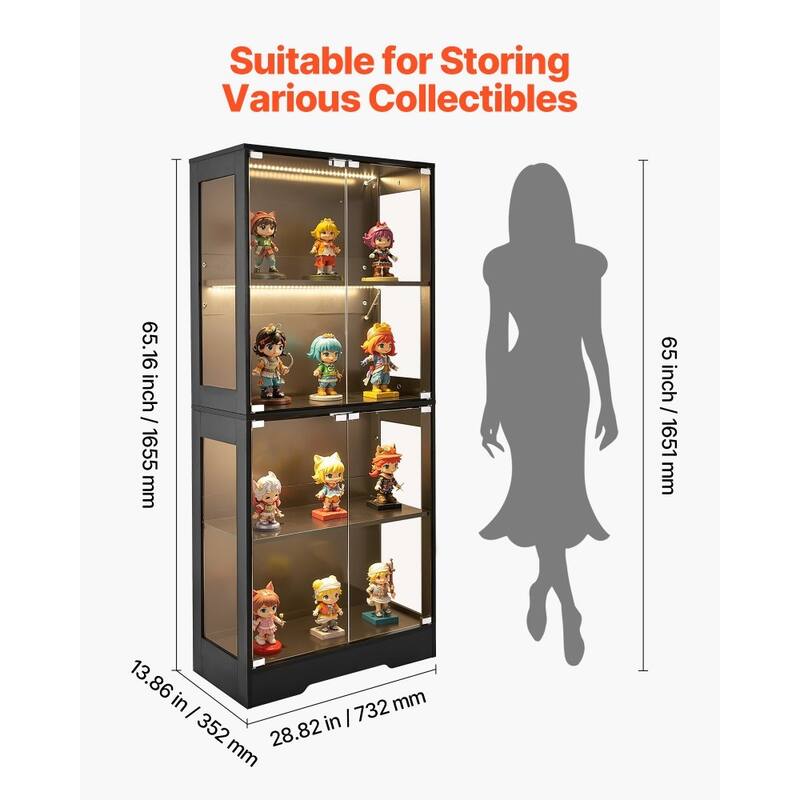 Black MDF Glass Display Cabinet 4-Tier with 3-Color LED Lighting - 28.82 × 13.86 × 65.16 inch
