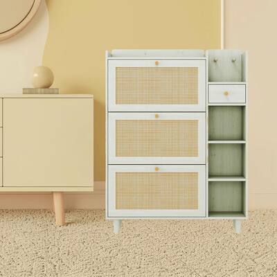 Boho-Inspired Shoe Organizer Rack Cabinet with 3 Rattan Flip Storage Drawers, 3 Shelves, and Hooks for Hallway, Entryway