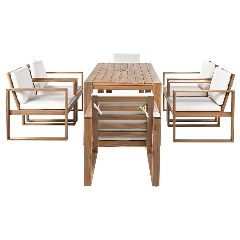 7-Piece Outdoor Patio Dining Table and Chairs Set with Umbrella Hole & Removable Cushion