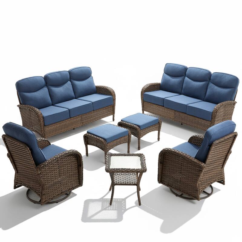 Luna 7-Piece Wicker Patio Conversation Set with Swivel Gliders and 6-Inch Thick Olefin Cushions