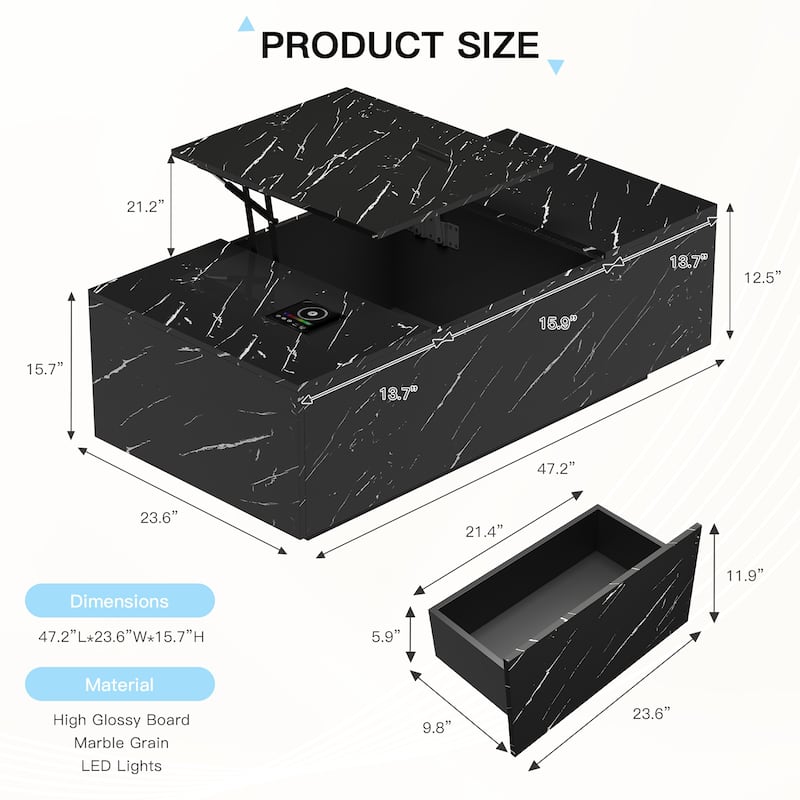 Pocassy LED Coffee Table 47.2" Coffee Tables with Storage Shelf