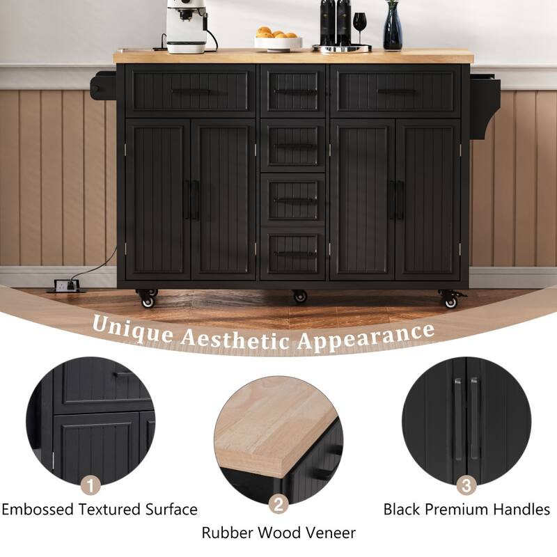 56.5'' Kitchen Island with Drop Leaf, Power Outlet, Embossed Vertical Stripe and Adjustable Shelves