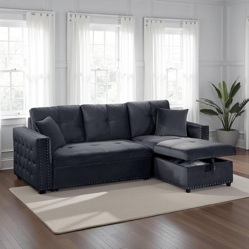 Ero Convertible Sectional Sofa, Storage Chaise, 2 Pillows Black Velvet