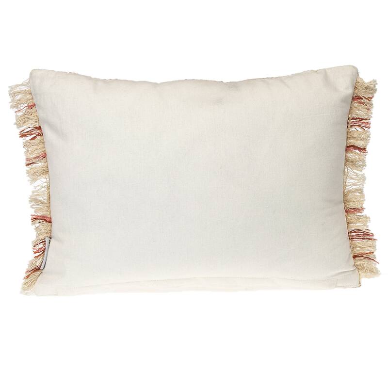 HomeRoots 14" X 20" Beige and Pink Striped Cotton Throw Pillow With Fringe
