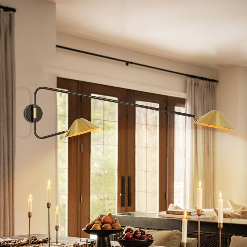 2-Light Mid-Century Modern Brass Sputnik Long Arm Double Wall Sconce for Hallways, Bedroom - 53.9 in. W x 13.8 in. H x 9.8 in. D - 53.9 in. W x 13.8 in. H x 9.8 in. D - Black/Gold