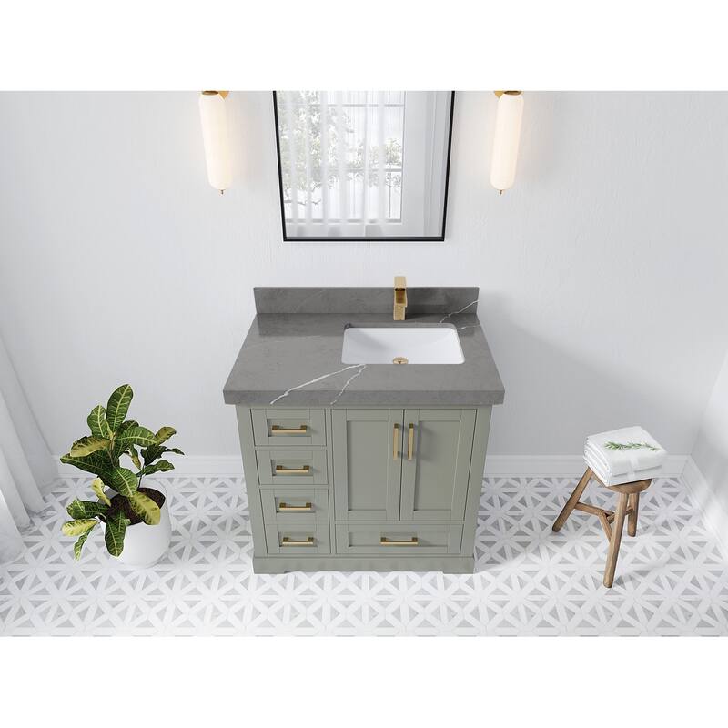 Willow Collections 36 x 22 Boston Right Offset Sink Bathroom Vanity with Quartz or Marble Countertop - 2"Piatra Gray - Evergreen