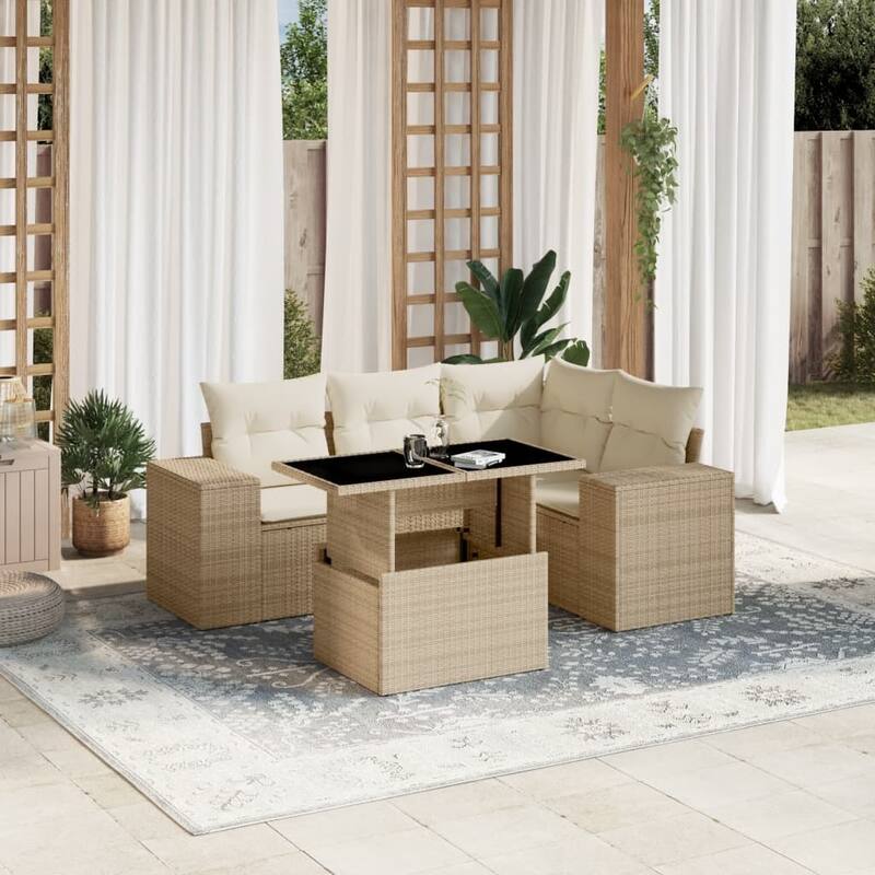 vidaXL Patio Sofa Set with Cushions Outdoor Furniture 5 Piece Poly Rattan - Beige and Cream-without storage - 21.7 x 39.4 x 28.7