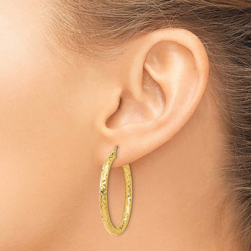 Curata 14k Yellow Gold Polished and Textured Hinged Foreverlite Hoop Earrings - 34x29.5mm