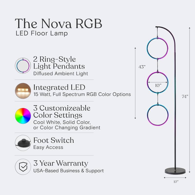 Brightech Nova 74 in. Classic Black Industrial 3-Light LED Super Bright Floor Lamp with Built-In Color Changing Function