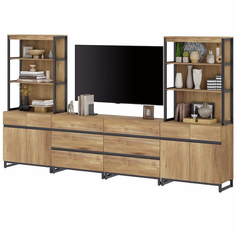 WAMPAT Modern TV Stand with 3 Tiers Bookshelf, Farmhouse Entertainment Center with 2 Storage Cabinets and 6 Drawers