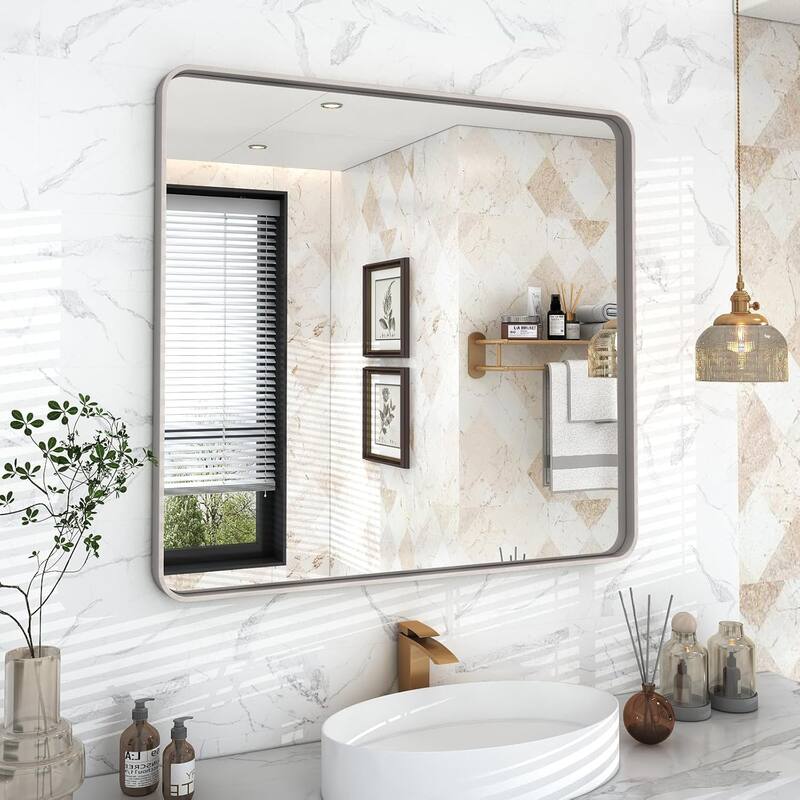 Aluminum Alloy Framed French Cleat Mounted Tempered Glass Wall Vanity Mirror - Silver - 36" x 36"