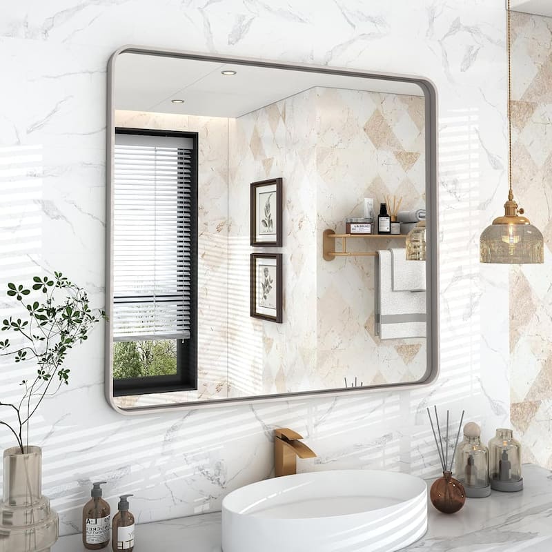 Aluminum alloy Framed Tempered Glass Wall Bathroom Vanity Mirror - 36" x 36" - Silver