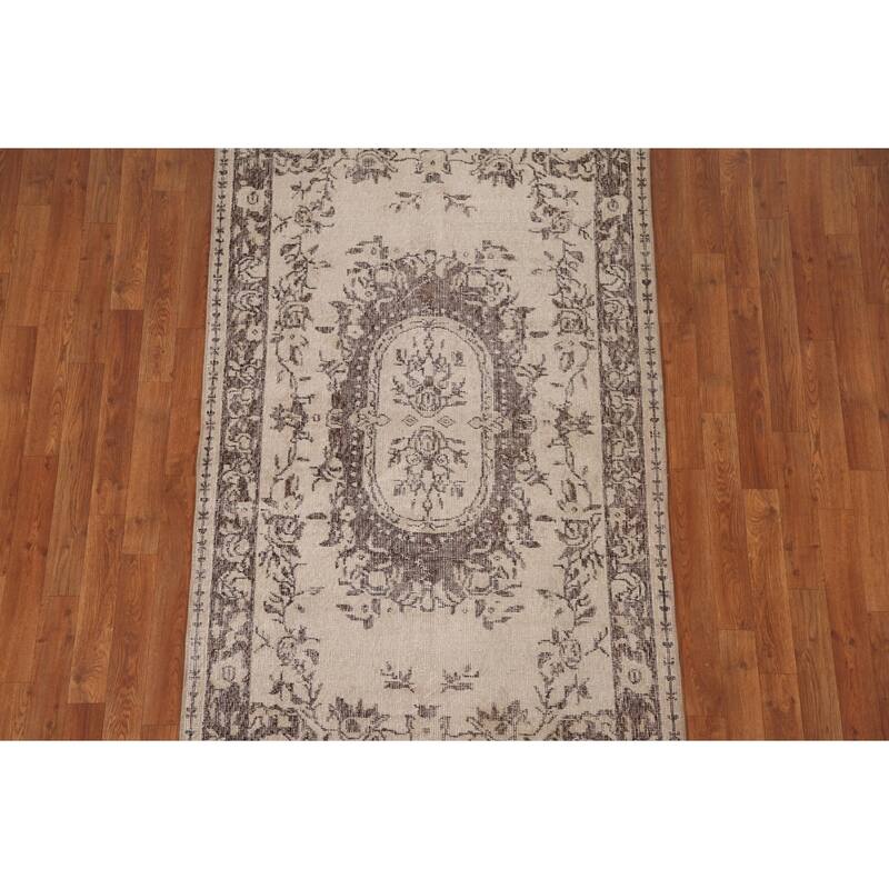 Distressed Sparta Turkish Vintage Area Rug Handmade Beige Wool Carpet - 3'8" x 6'11"