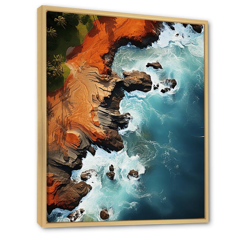 Designart "Rocky Beach Aerial View I" Coastal Beach White Wall Decor - Coastal Hallway Framed Wall Art Decor