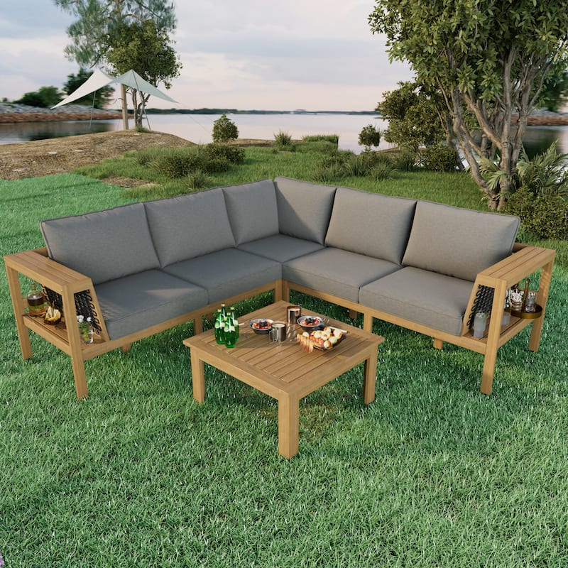 Exclusive 4-Piece Outdoor Acacia Wood Sectional Sofa Set with Woven Rope Armrests
