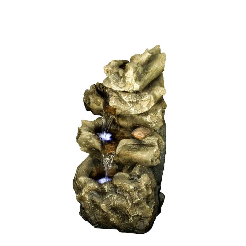 21.75" Ivory and Gray Four Level Log LED Waterfall Fountain