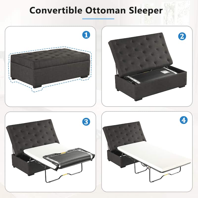 Tufted Sleeper Couch Settee, Ottoman with Folding Sofa Bed, Convertible Ottoman Sleeper with Memory Mattress