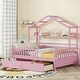 preview thumbnail 25 of 33, Wooden Full Size House Bed with 2 Drawers,Kids Bed with Storage Shelf, Gray Pink