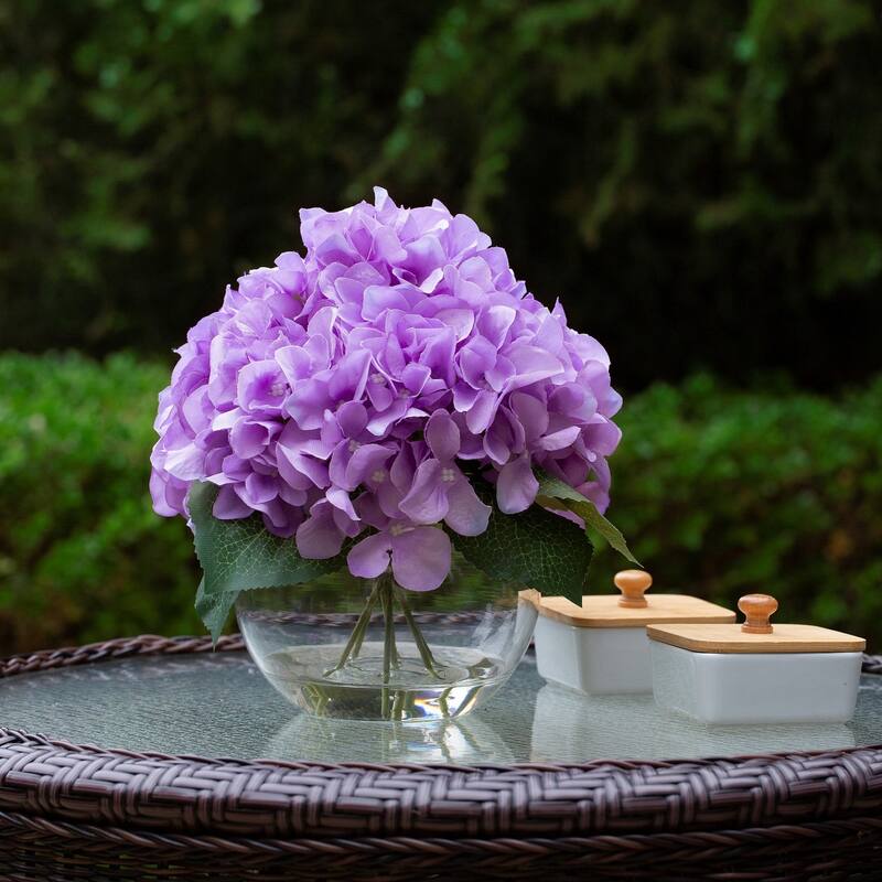 Hydrangea Artificial Flowers in Round Glass Vase with Faux Water, Silk Flower Arrangements in Vase for Home Decor, Wedding Table - Purple