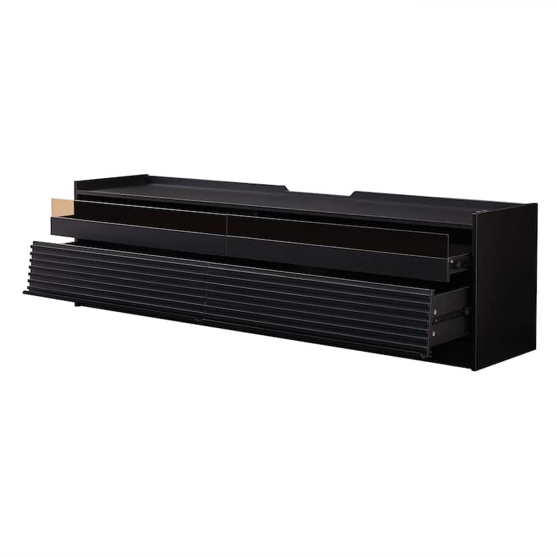 Roomfitters Modern TV Stand with 4 Drawers, Tempered Glass, Charging Ports and Ambient Lighting, Ample Storage