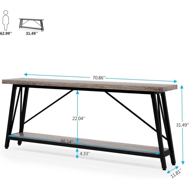 70.9"Light Gray & Black Industrial Sofa Table - Extra Long Entryway Console