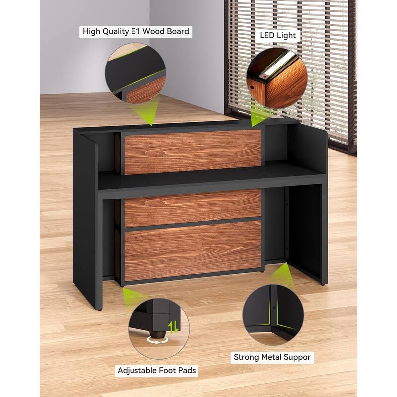Modern 63" Reception Desk with LED Lights Black & Rustic Brown Finish
