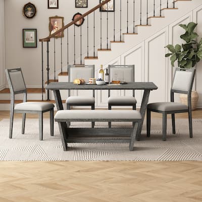 6-Piece Retro Dining Set, 1 Rectangular Table, 4 Upholstered Chairs and 1 Bench