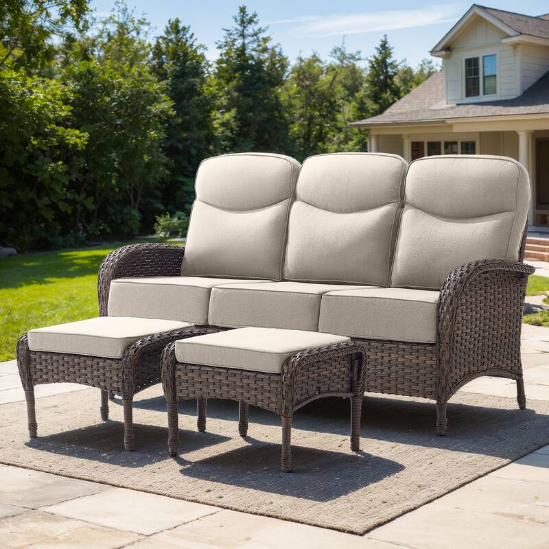 Pocassy Outdoor Wicker Patio Sofa with Swivel Chair Ottoman Sets - Brown Wicker Beige Cushion - 3-Piece Sofa with Ottoman