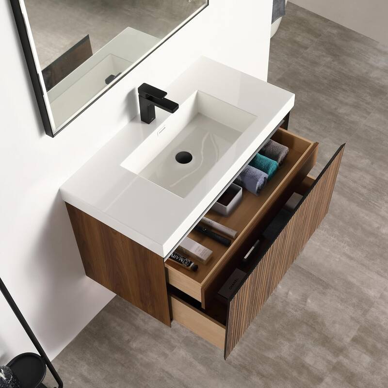 Blossom Lille Brown Walnut Floating Vanity with LED & Acrylic Sink