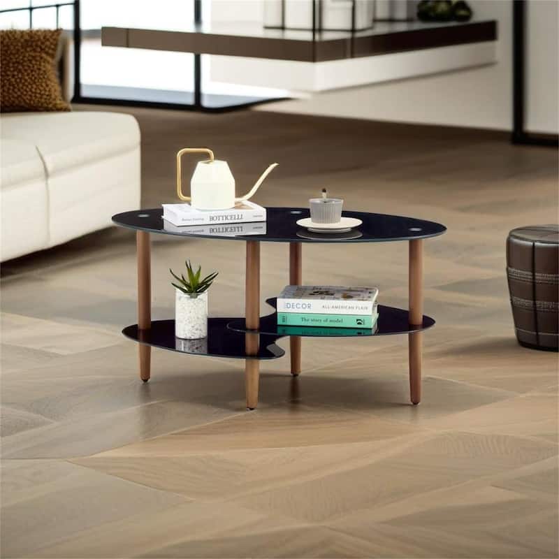 Black Oval Glass Coffee Table - Brown