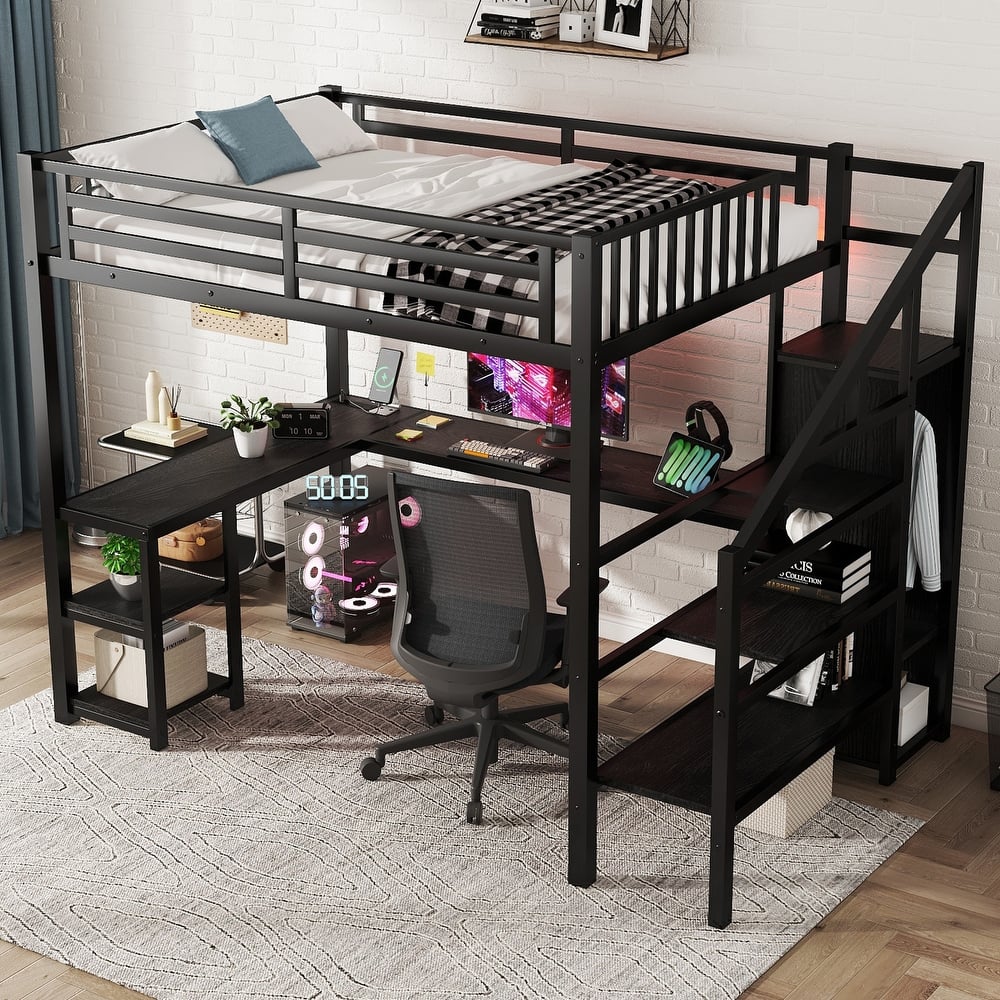 Metal Loft Bed Frame with Staircase Built-in Wardrobe, Light Strip, Underbed L Shaped Desk, Shelves and Charging Station
