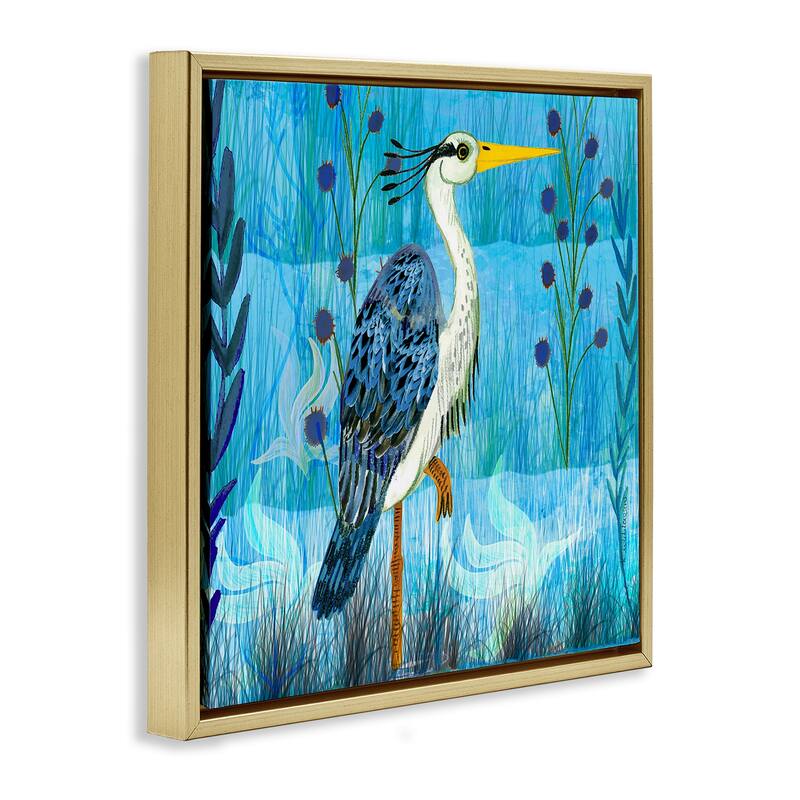 Stupell Standing Crane with Blue Tones Framed Floater Canvas Wall Art Design By Kay Widdowson