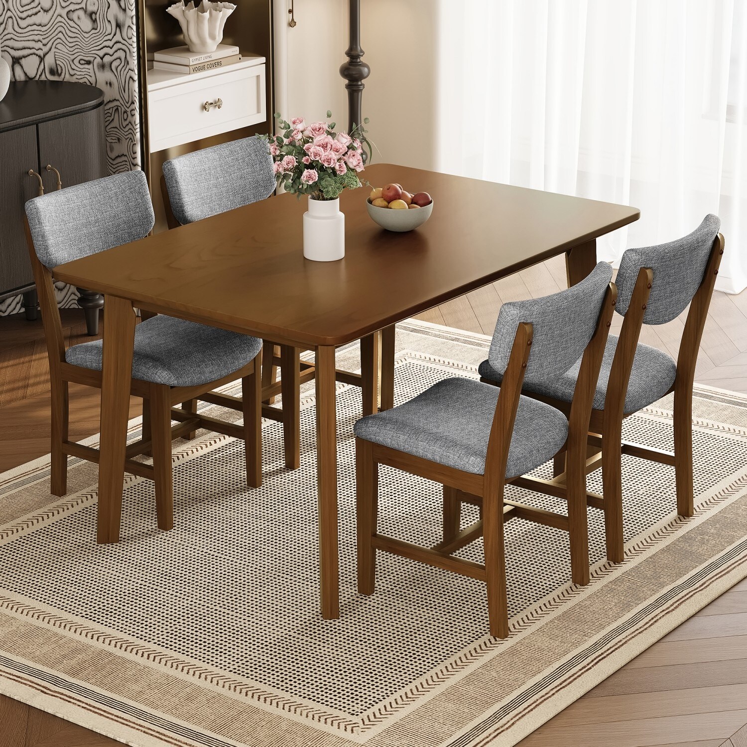 5-Piece Dining Set, Rustic Wood Table and 4 Upholstered Chairs