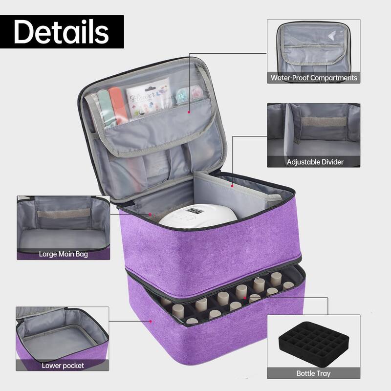 Double-Layer Nail Polish Organizer Bag, Holds 27 Bottles, Nail Tools & Dryer Storage Case with Adjustable Dividers