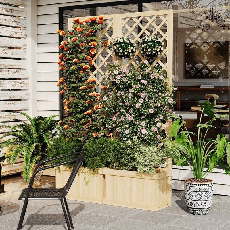 2 Panel Freestanding Raised Garden Bed Fence with Trellis - Off-White