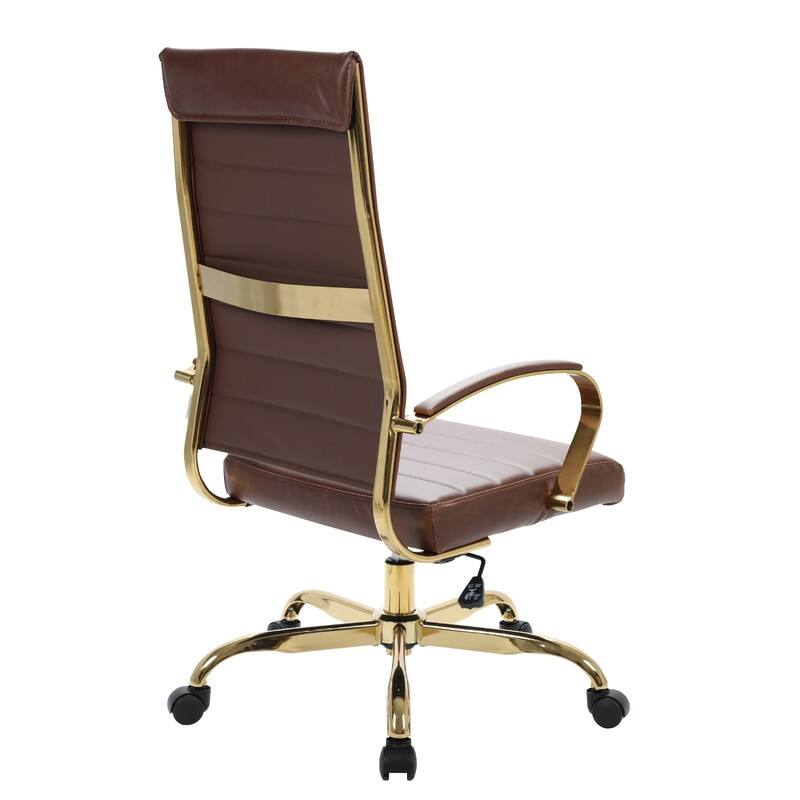 Benmar High-Back Leather Office Desk Chair in Brushed Gold Steel Frame Cushion Padded Armrests Tilt Lock Swivel Ergonomic Chair