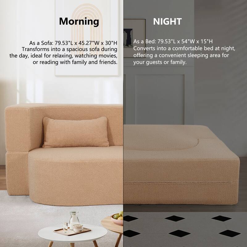 2-in-1 Convertible Loveseat Sofa Bed, Full Size Floor Bed Mattress, Folding Teddy Fabric Futon Couch with 2 Pillows