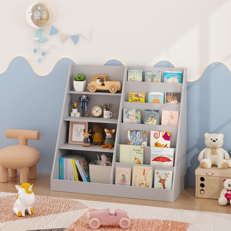Kids Bookshelf and Toy Storage Organizer, Multifunctional 4 Tier Wooden Kids Book Shelf with Bookcase Display Stand