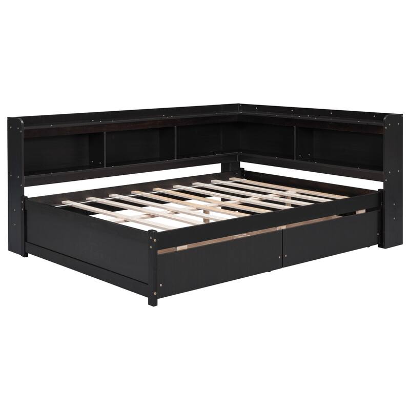 Full Bed with L-shaped Bookcases and Drawers