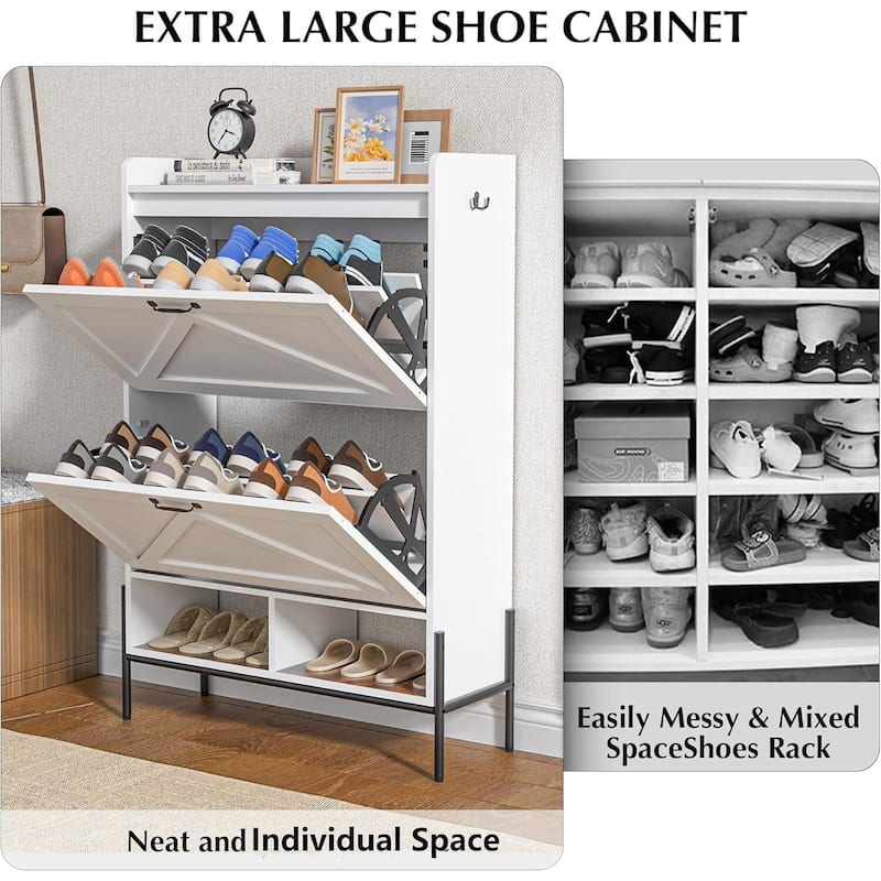 Shoe Cabinet with 2 Flip Drawers and Open Shelves